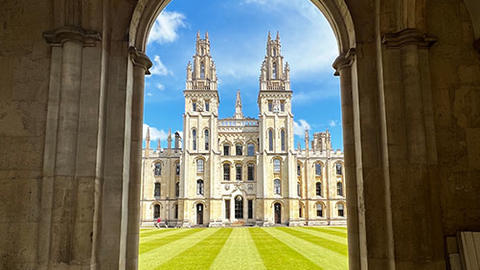 Oxford buildings behind an arch. 