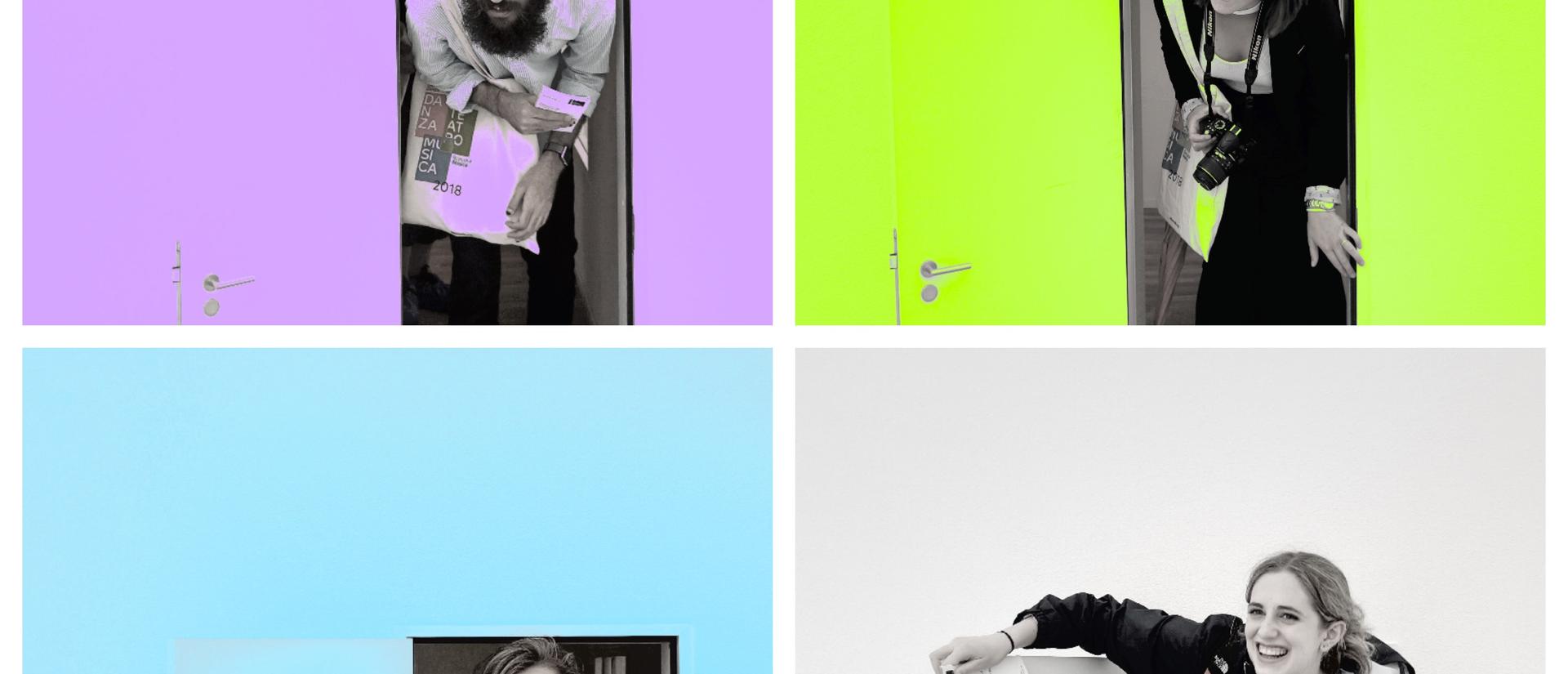 Collage of people leaning out of small doors on bright walls