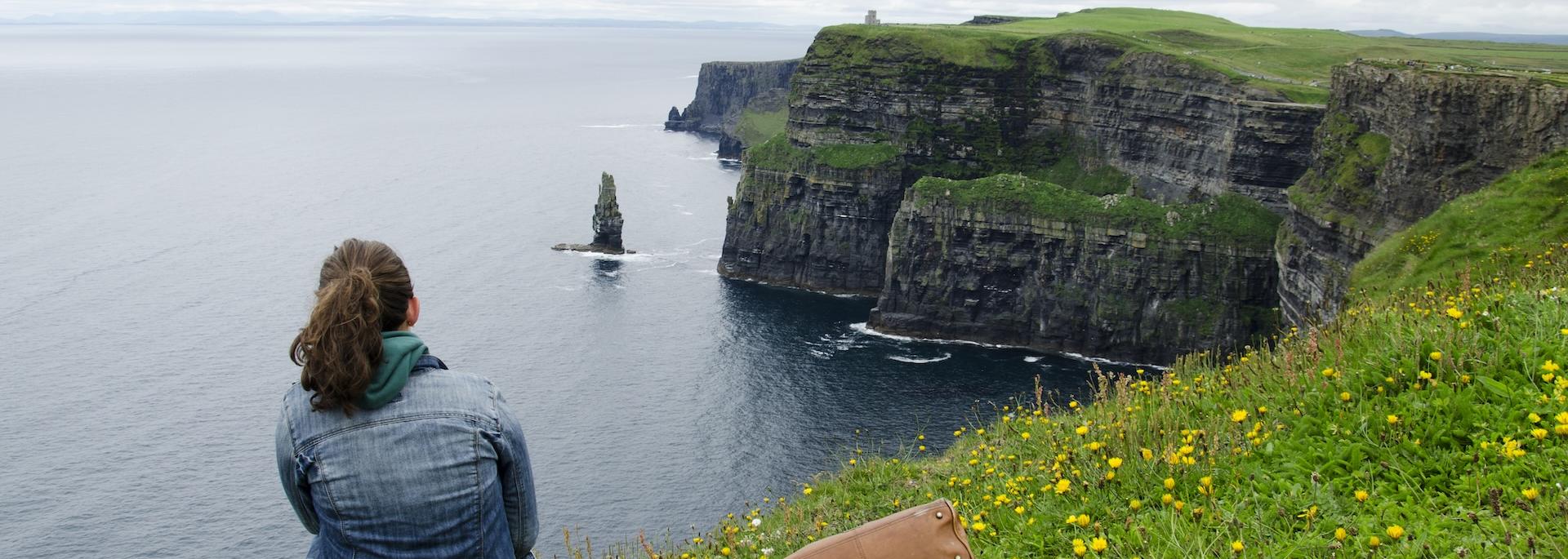 A person sits on a grassy cliffside overlooking the ocean and towering cliffs, with wildflowers in the foreground.